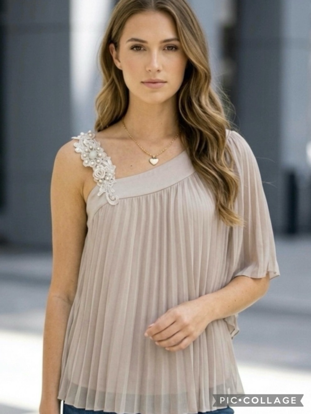 Studio Y Beige Chiffon Pleated Embellished Applique Strap Top NWT S Romantic